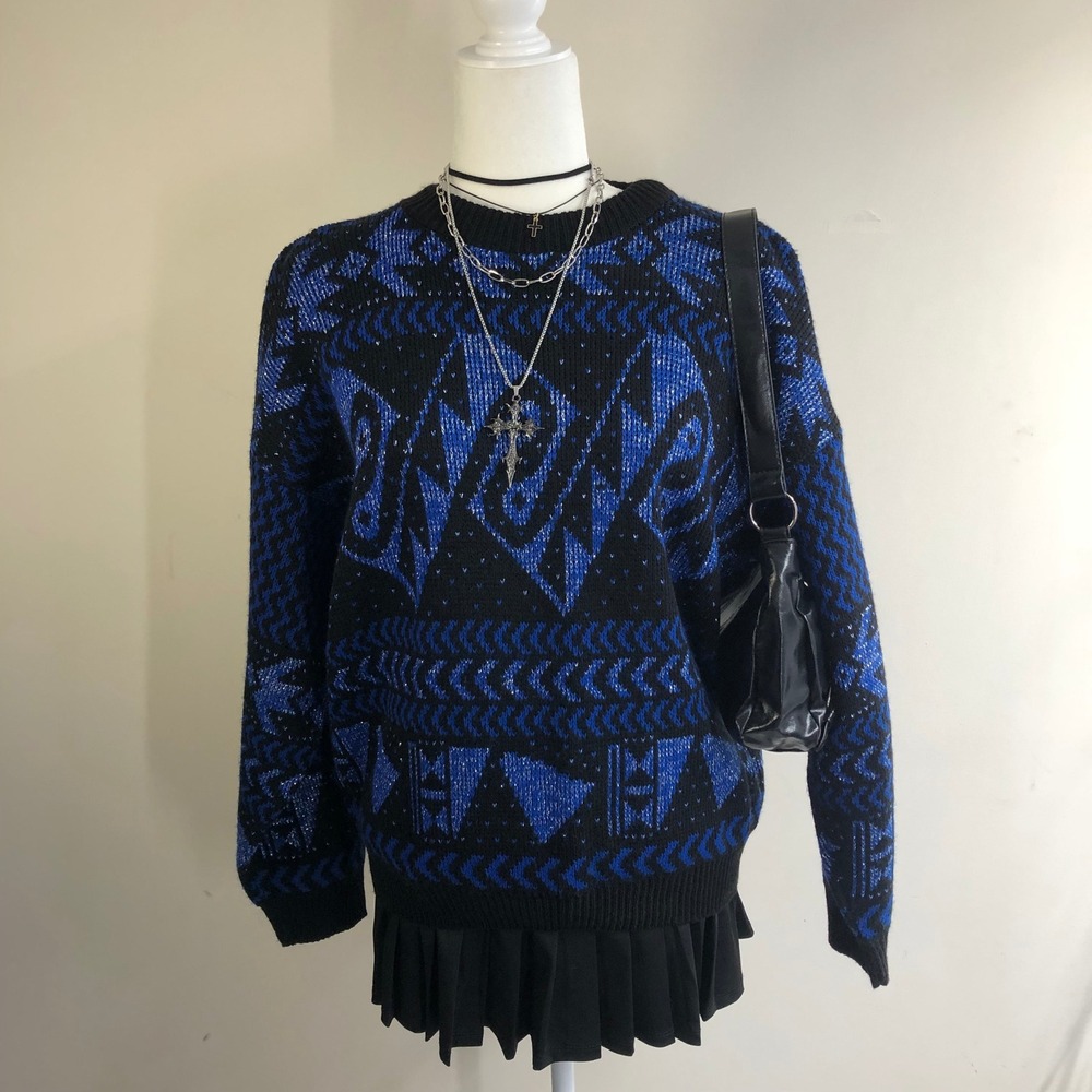 Vintage 80s Metallic Blue Black Abstract Geometric Sweater Womens L XL Oversized - Picture 4 of 12